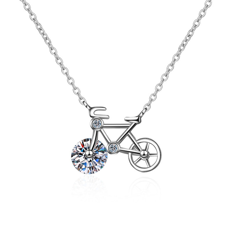 S925 Sterling Silver Bicycle Pendant Necklace - 1CT Moissanite Wheel-Inspired Choker