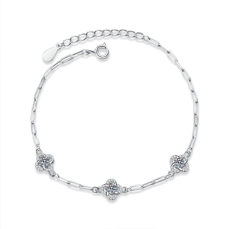 S925 Sterling Silver Floral Bracelet with 0.2ct Moissanite European Style Travel Jewelry Rhodium Plated