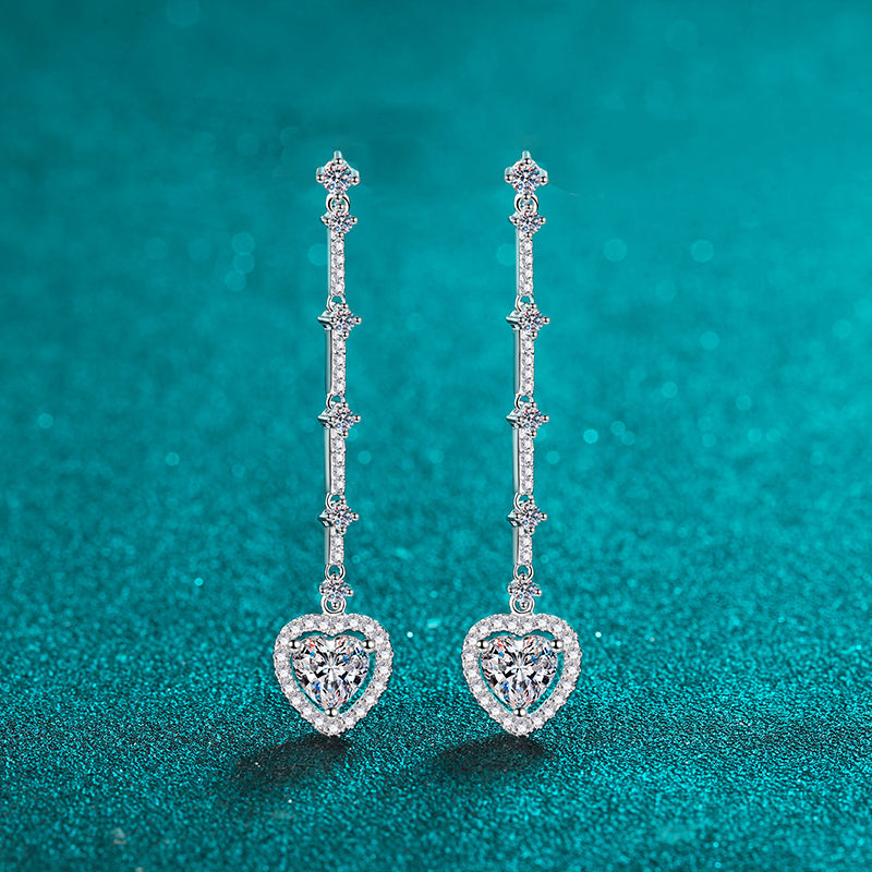 S925 Sterling Silver Long Tassel Drop Earrings - Heart-Shaped with 2CT Moissanite & Floral Motifs