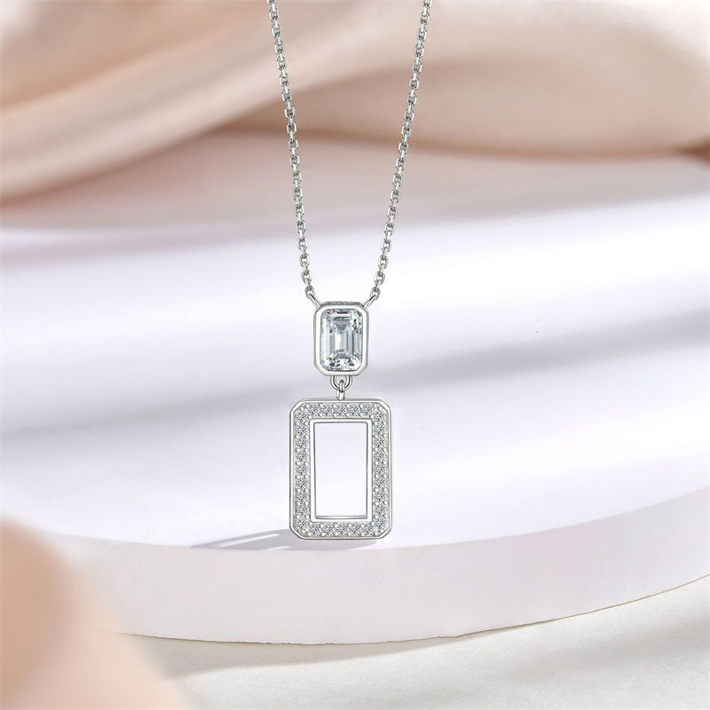 S925 Sterling Silver Square Zirconia Pendant Necklace - Modern Geometric Collarbone Chain