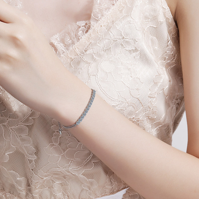 Sporty Geometric Rhodium Plated Sterling Silver Bracelet - 1.3ct Moissanite or 7A Zircon with Camellia & Cactus Design