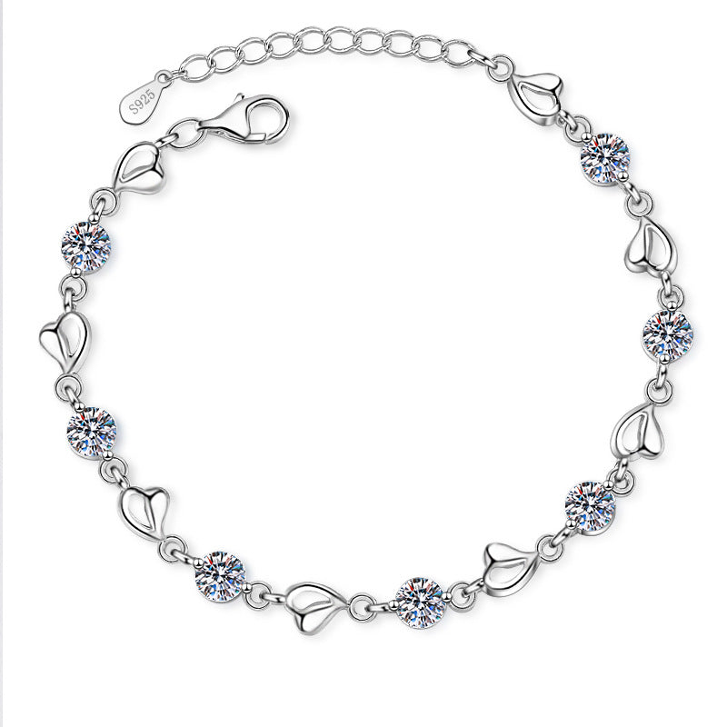 Minimalist Heart Shape Rhodium Plated Sterling Silver Bracelet - 3.5ct Moissanite or 5mm Zircon with Rose & Red Bean Design