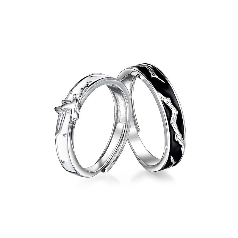 "Lovebirds" Enamel Couple Rings - 925 Sterling Silver Chinese-Style Matching Set