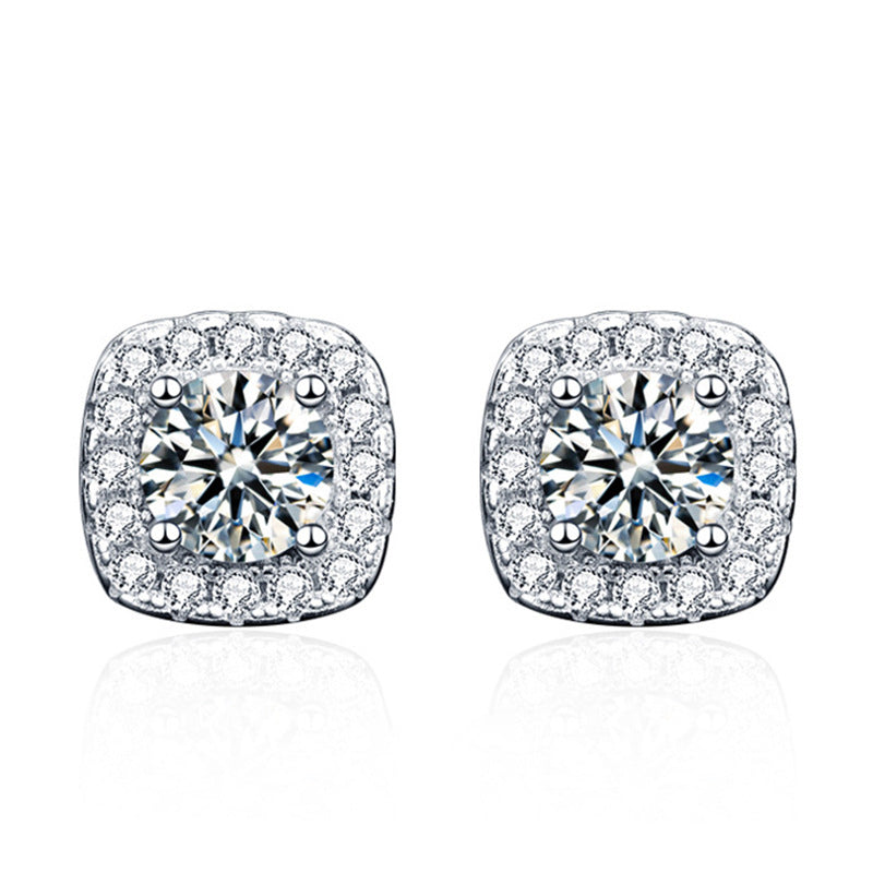 925 Sterling Silver Geometric Square Stud Earrings with 0.5ct/1ct/2ct Hearts & Arrows Moissanite Professional Elegant Jewelry for Women