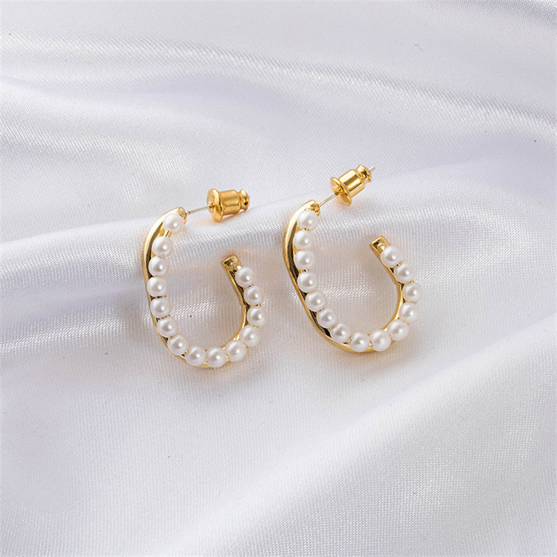 U-Shape Geometric Pearl Drop Earrings with 925 Silver Posts - Gold Light Luxury Design