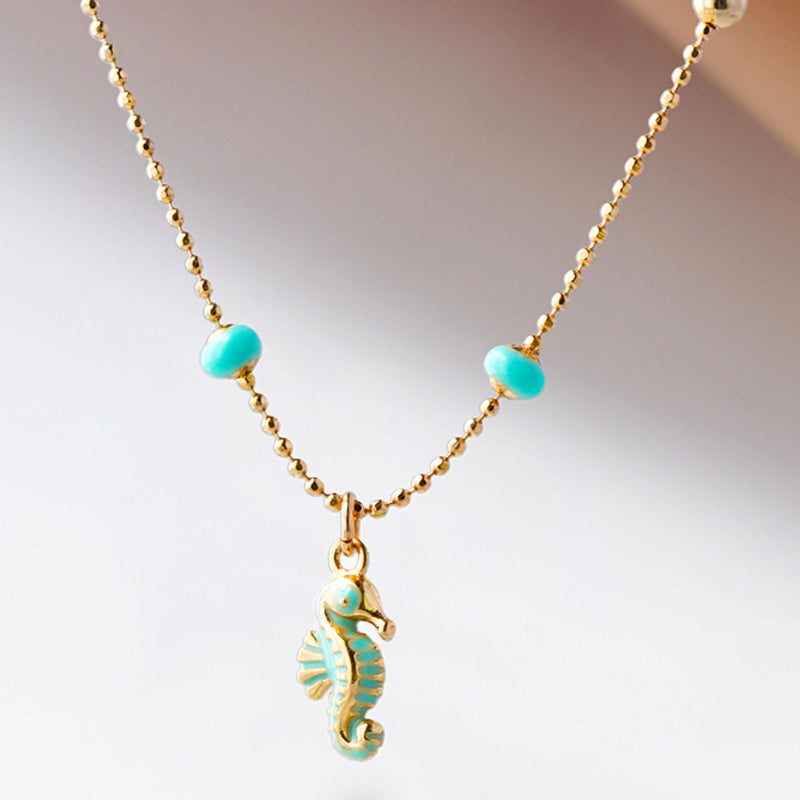 Seahorse Pendant Rose Gold Buddha Bead Necklace