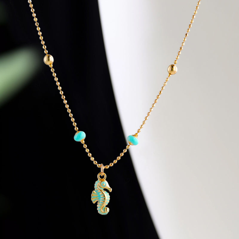Seahorse Pendant Rose Gold Buddha Bead Necklace