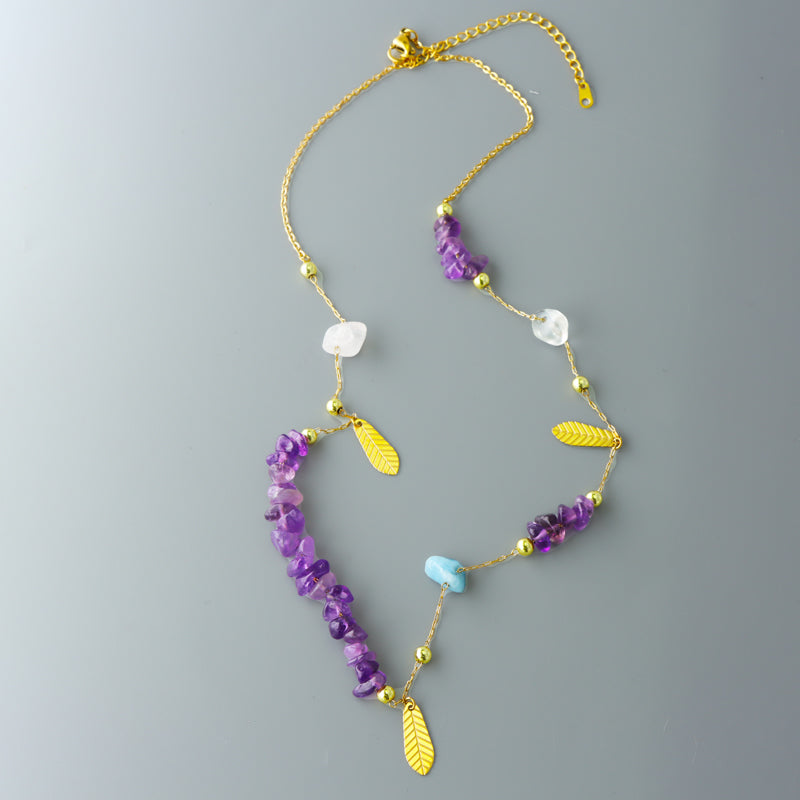 Stainless Steel O-Chain Necklace with Purple Stone Pendant and Leaf Accents