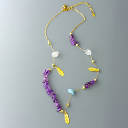Stainless Steel O-Chain Necklace with Purple Stone Pendant and Leaf Accents