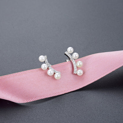 925 Sterling Silver Pearl & Zircon Stud Earrings - Korean Style Shell Pearl Earrings with Plastic Backs