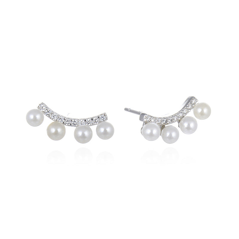 925 Sterling Silver Pearl & Zircon Stud Earrings - Korean Style Shell Pearl Earrings with Plastic Backs