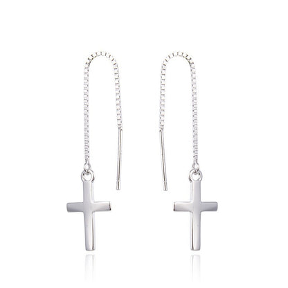 925 Sterling Silver Tree Cross Threader Earrings - Luxury Botanical Dangle Earrings
