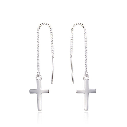 925 Sterling Silver Tree Cross Threader Earrings - Luxury Botanical Dangle Earrings