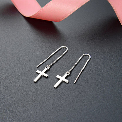 925 Sterling Silver Tree Cross Threader Earrings - Luxury Botanical Dangle Earrings