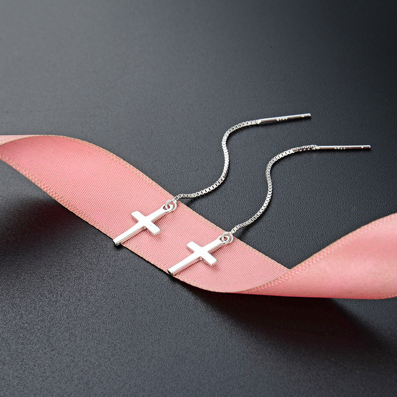 925 Sterling Silver Tree Cross Threader Earrings - Luxury Botanical Dangle Earrings