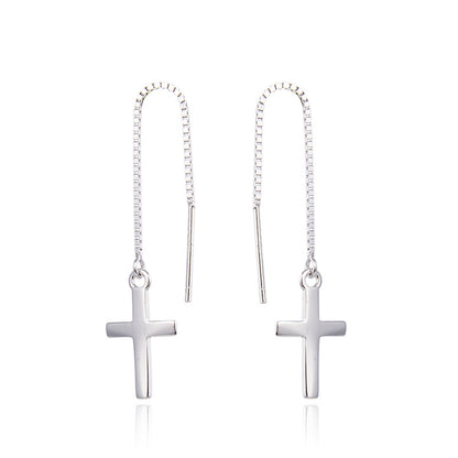 925 Sterling Silver Tree Cross Threader Earrings - Luxury Botanical Dangle Earrings