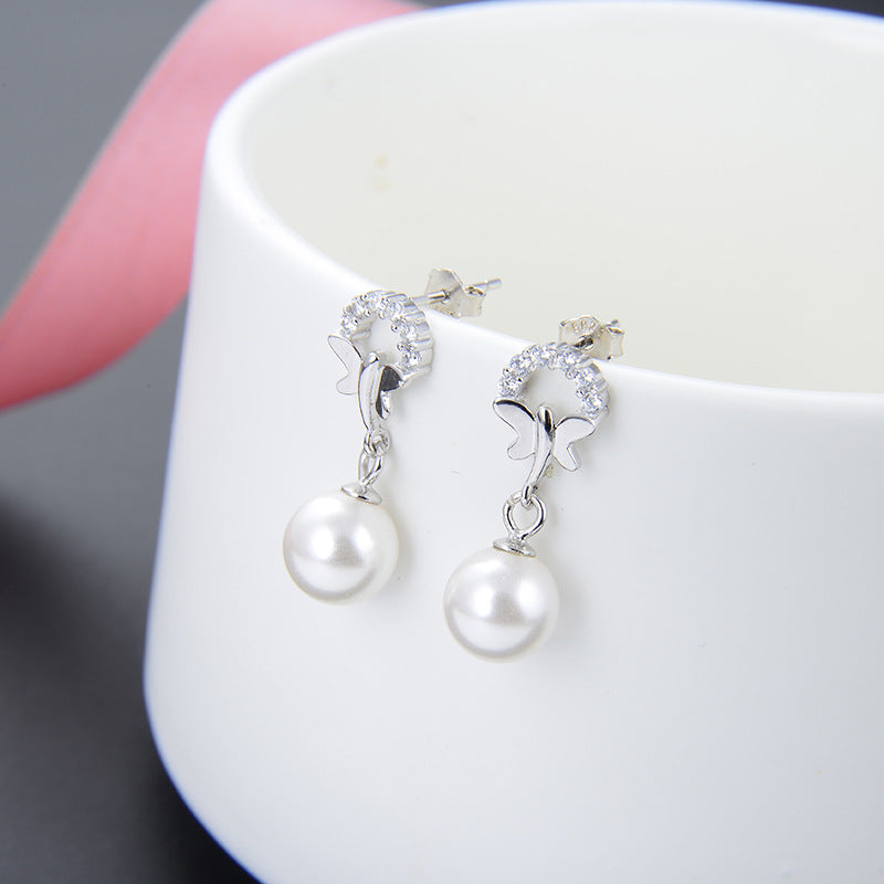 925 Sterling Silver Pearl Drop Earrings - Shell Pearl Korean Style Dangle Earrings