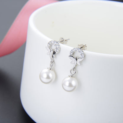 925 Sterling Silver Pearl Drop Earrings - Shell Pearl Korean Style Dangle Earrings