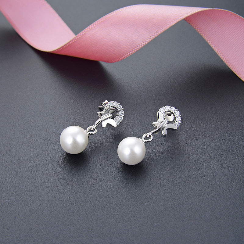 925 Sterling Silver Pearl Drop Earrings - Shell Pearl Korean Style Dangle Earrings