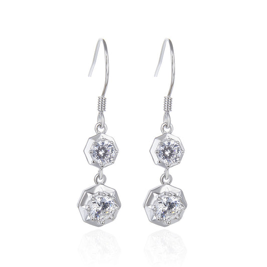 925 Sterling Silver Round Zircon Drop Earrings - Korean Style Geometric Dangle Earrings for Women