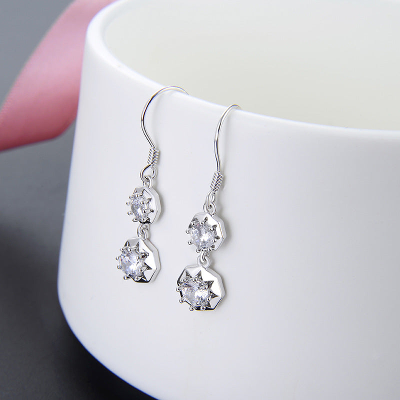 925 Sterling Silver Round Zircon Drop Earrings - Korean Style Geometric Dangle Earrings for Women