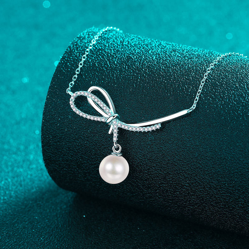 19-Point Moissanite Pearl Necklace – 925 Silver Elegant Bow Pendant Layered Choker for Women