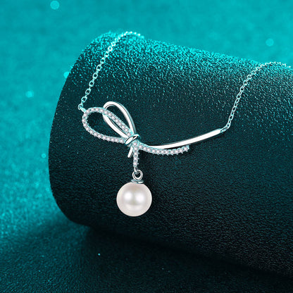 19-Point Moissanite Pearl Necklace – 925 Silver Elegant Bow Pendant Layered Choker for Women