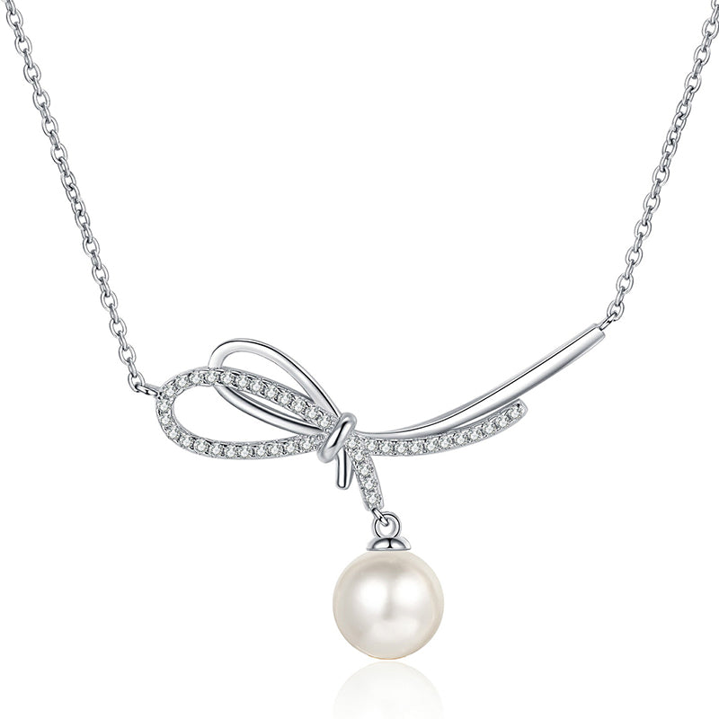19-Point Moissanite Pearl Necklace – 925 Silver Elegant Bow Pendant Layered Choker for Women