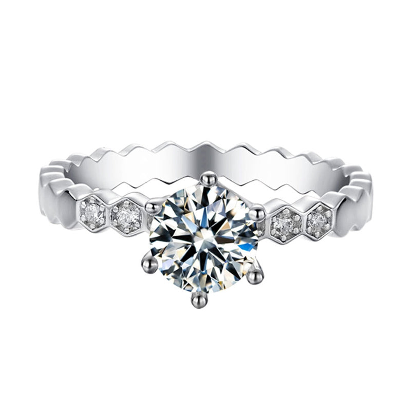 1CT D Color Moissanite Halo Engagement Ring - 925 Sterling Silver Six-Prong Honeycomb Ring