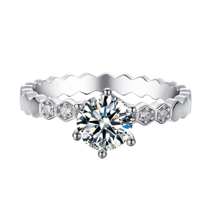 1CT D Color Moissanite Halo Engagement Ring - 925 Sterling Silver Six-Prong Honeycomb Ring