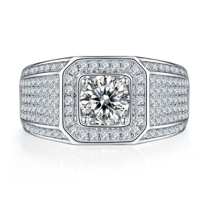 1CT Moissanite Men's Ring - 925 Sterling Silver Geometric Band (White Gold Plated)