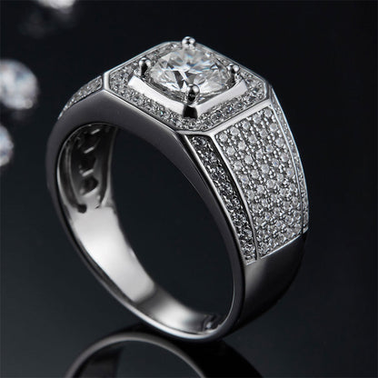 1CT Moissanite Men's Ring - 925 Sterling Silver Geometric Band (White Gold Plated)