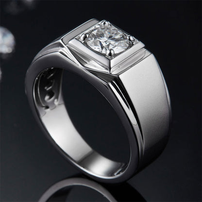 1CT Moissanite Men's Ring – 925 Sterling Silver Geometric Wedding Band for Men (White Gold Plated)