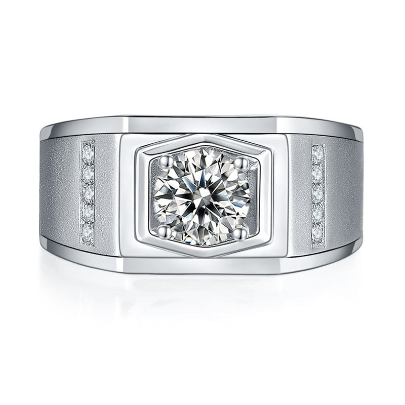 1CT Moissanite Men's Wedding Ring - 925 Sterling Silver Wide Band in White Gold Plated Finish
