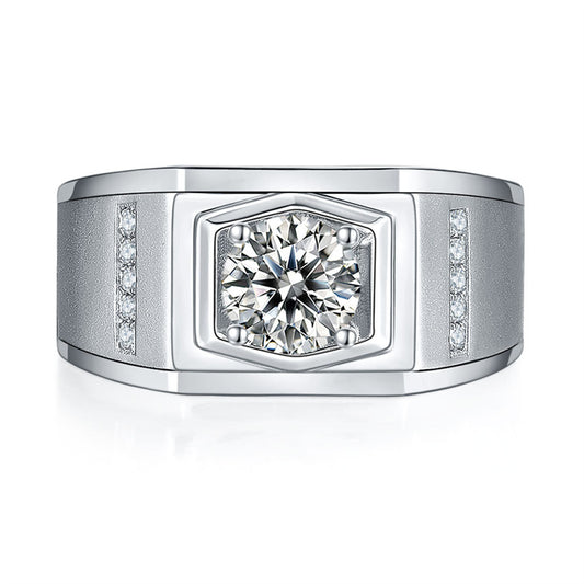 1CT Moissanite Men's Wedding Ring - 925 Sterling Silver Wide Band in White Gold Plated Finish