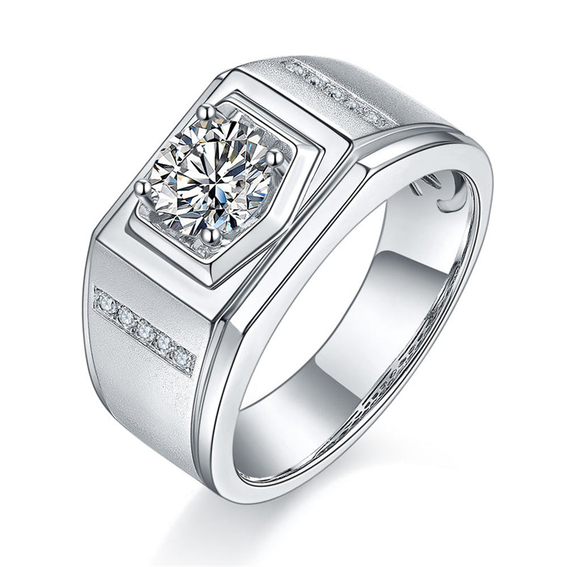 1CT Moissanite Men's Wedding Ring - 925 Sterling Silver Wide Band in White Gold Plated Finish