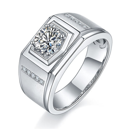 1CT Moissanite Men's Wedding Ring - 925 Sterling Silver Wide Band in White Gold Plated Finish