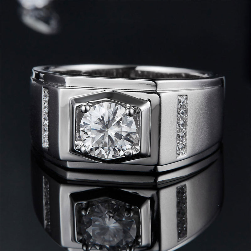 1CT Moissanite Men's Wedding Ring - 925 Sterling Silver Wide Band in White Gold Plated Finish