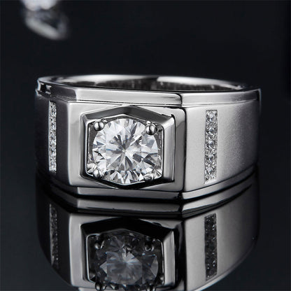 1CT Moissanite Men's Wedding Ring - 925 Sterling Silver Wide Band in White Gold Plated Finish
