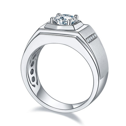 1CT Moissanite Men's Wedding Ring - 925 Sterling Silver Wide Band in White Gold Plated Finish