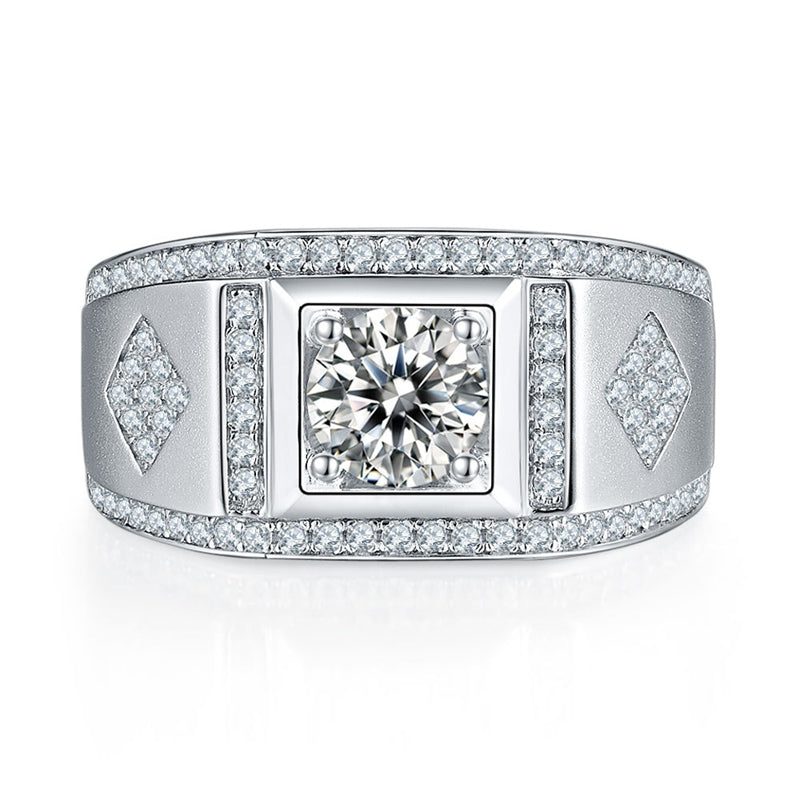 1CT Moissanite Men's Wedding Ring - Premium 925 Sterling Silver Wide Band (White Gold Plated)