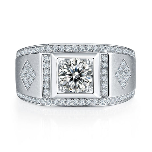 1CT Moissanite Men's Wedding Ring - Premium 925 Sterling Silver Wide Band (White Gold Plated)
