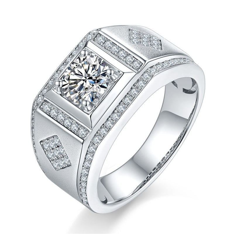 1CT Moissanite Men's Wedding Ring - Premium 925 Sterling Silver Wide Band (White Gold Plated)