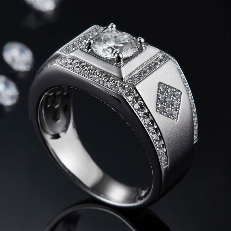 1CT Moissanite Men's Wedding Ring - Premium 925 Sterling Silver Wide Band (White Gold Plated)