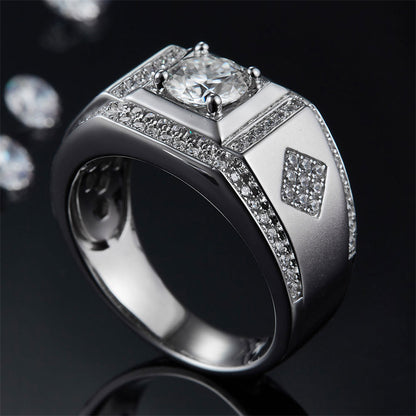 1CT Moissanite Men's Wedding Ring - Premium 925 Sterling Silver Wide Band (White Gold Plated)
