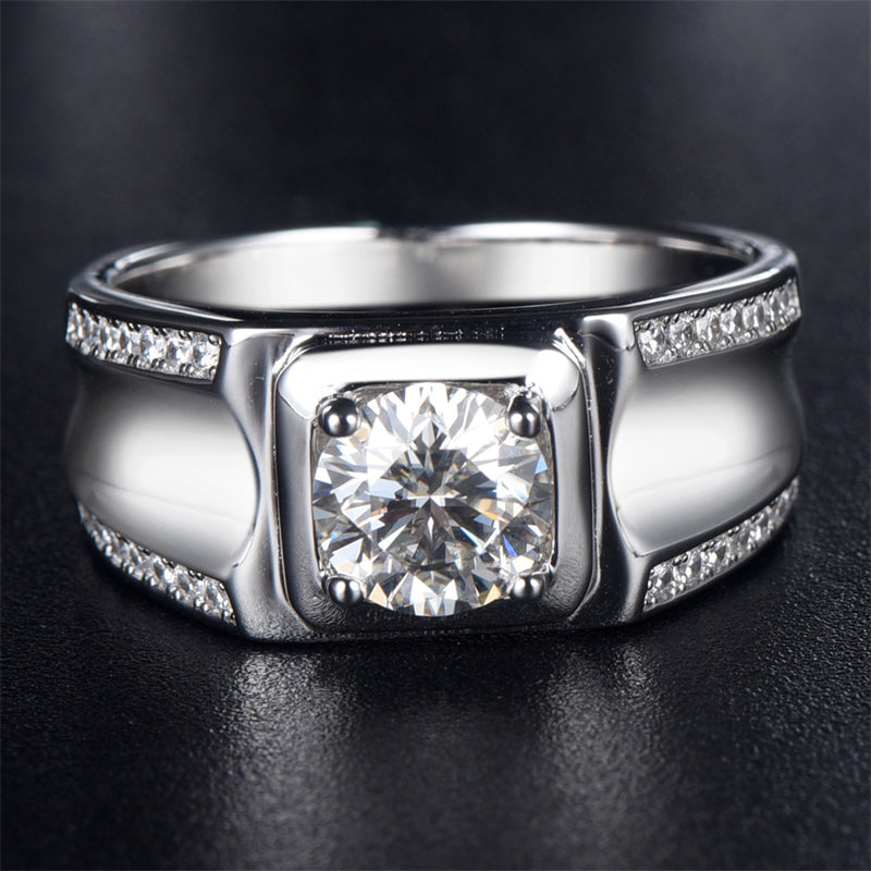 1 Carat D Color Moissanite Men's Ring - 925 Sterling Silver Grid Pattern Statement Jewelry