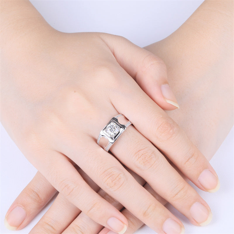 1 Carat D Color Moissanite Men's Ring - 925 Sterling Silver Grid Pattern Statement Jewelry