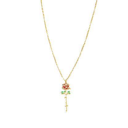 Stainless Steel O-Chain Necklace with Enamel Rose Pendant