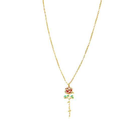 Stainless Steel O-Chain Necklace with Enamel Rose Pendant