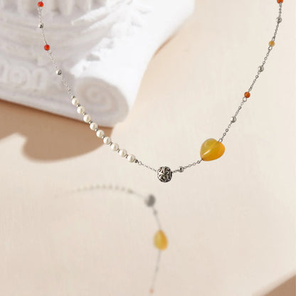 Natural Stone and Pearl O-Chain Necklace with Heart-Shaped Pendant